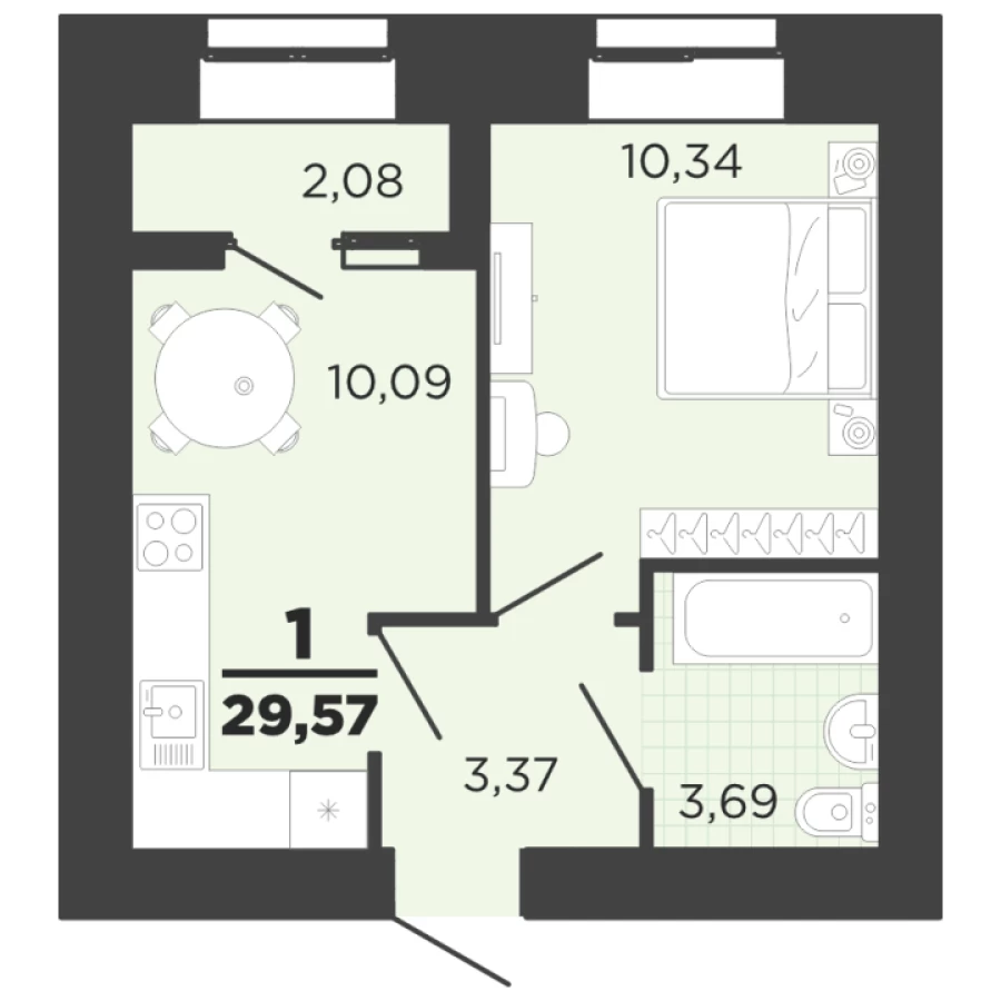 1-ая квартира 29.57 м2 с совмещенным санузлом